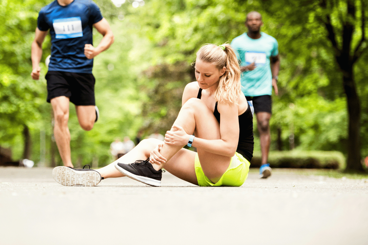Runner sitting on a race course path holding her ankle and shin as competitors with race bibs run past, illustrating lower leg stress in competitive running.
