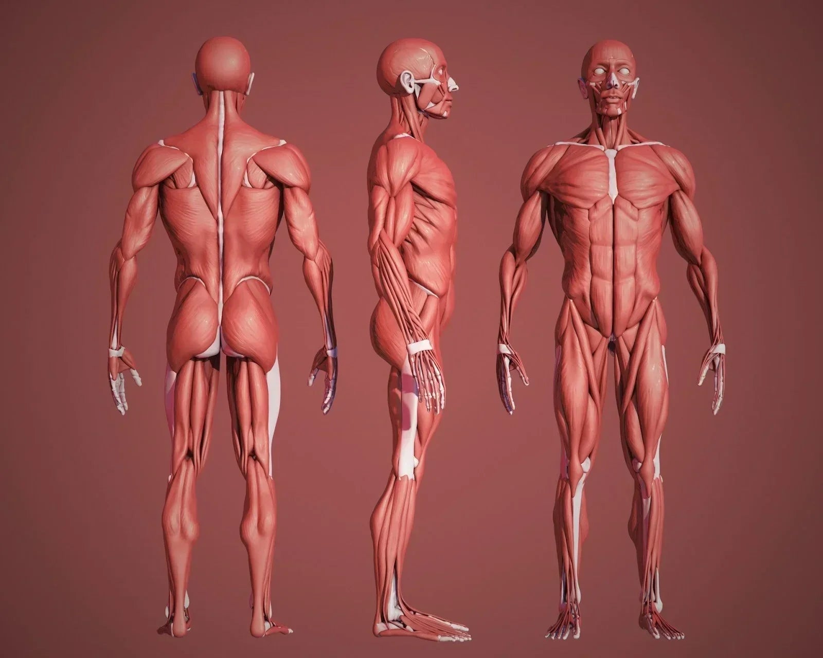 3D anatomical illustration of the human muscular system shown from posterior, lateral, and anterior views, highlighting global soft-tissue structures relevant to mechanotransduction, load distribution, and recovery protocols.