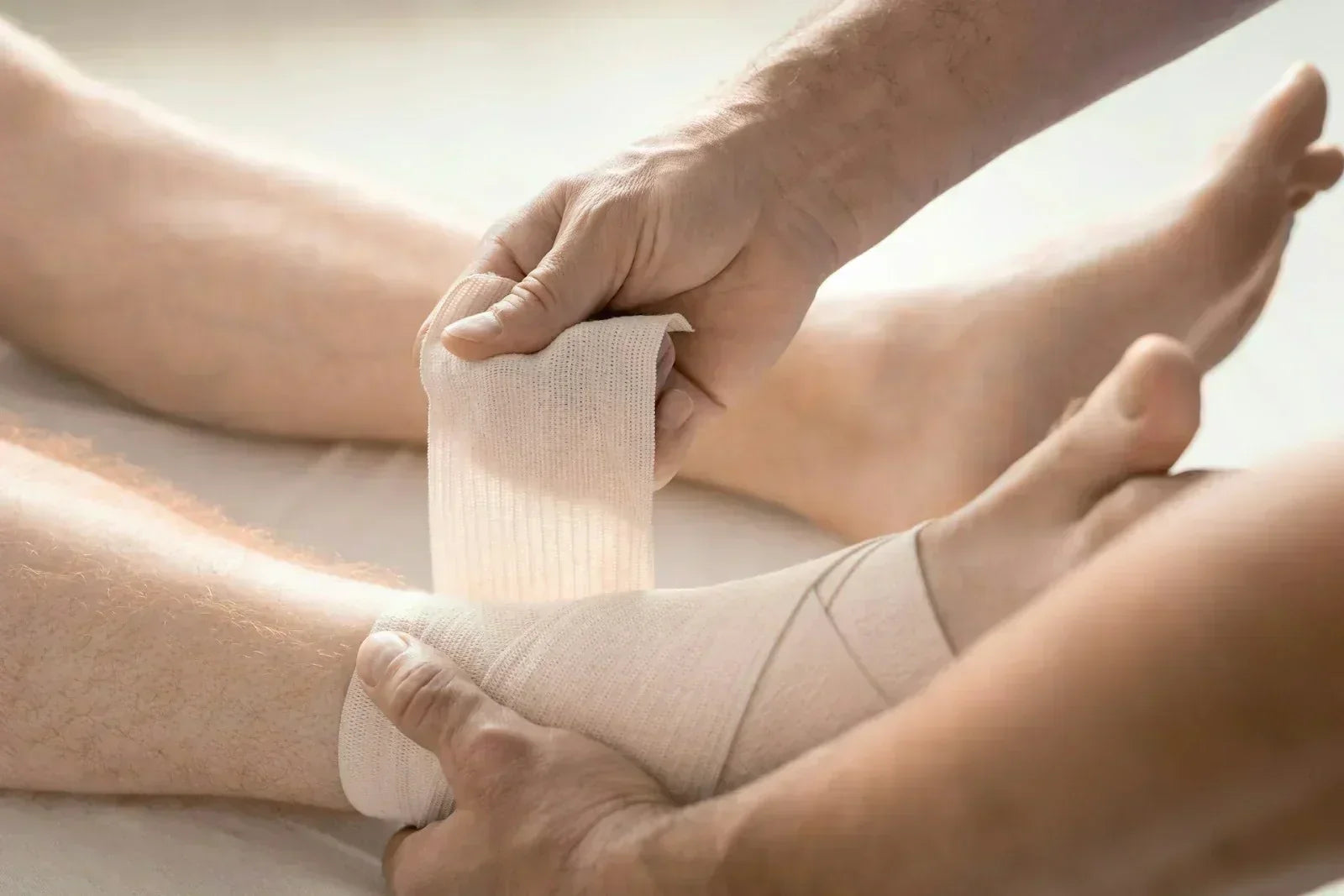 Close-up of a clinician wrapping a patient’s ankle with a compression bandage, demonstrating early-stage sprain or strain care and support for soft-tissue healing.